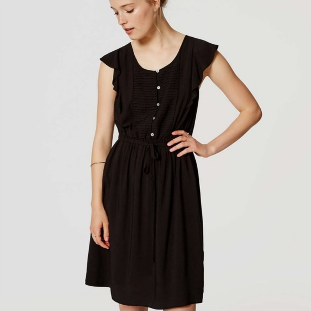 🖤Ann Taylor Loft Pin-tucked Black Rayon Flutter Sleeve Tie Waist Midi Dress